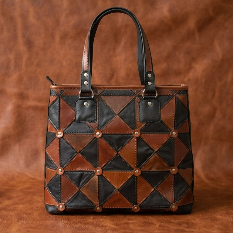 Handcrafted Patchwork Leather Tote Bag with Zip Closure & Structured Handles
