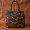 Handcrafted Patchwork Leather Tote Bag with Zip Closure & Structured Handles