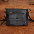 Classic Black Leather Crossbody Sling Bag with Front Pocket & Zip Closure