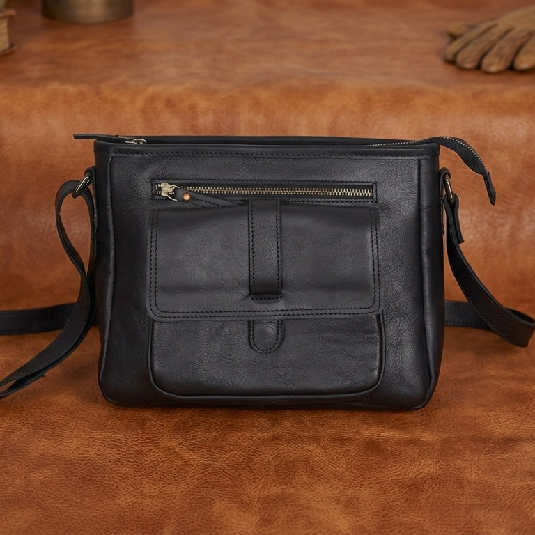 Classic Black Leather Crossbody Sling Bag with Front Pocket & Zip Closure