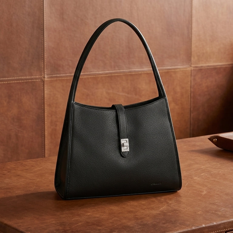 Premium Leather Shoulder Handbag with Lock Closure, Zip Compartments