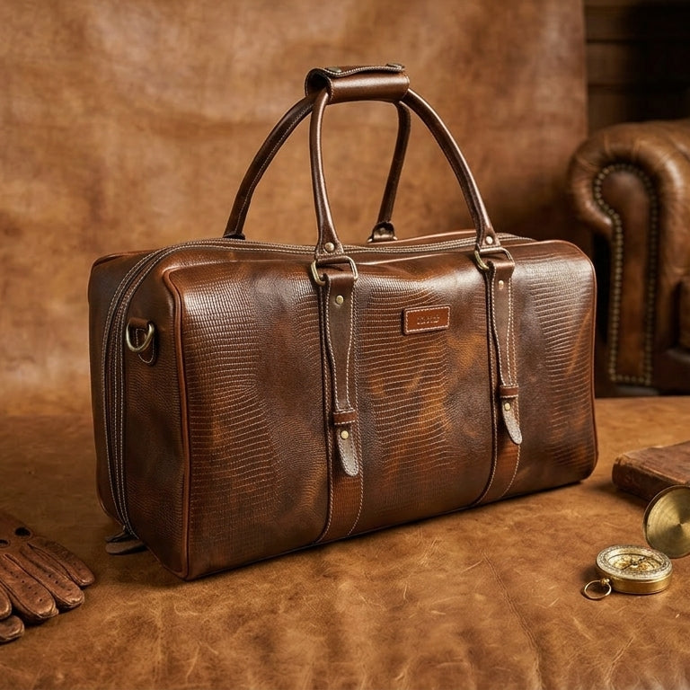 Premium Export-Quality Croc Texture Leather Travel Duffel with Detachable Strap & Zip Compartments