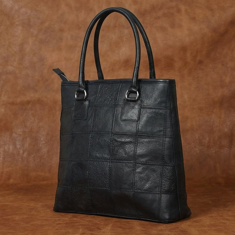 Women Black Leather Tote Bag with Patchwork Design and Spacious Interior
