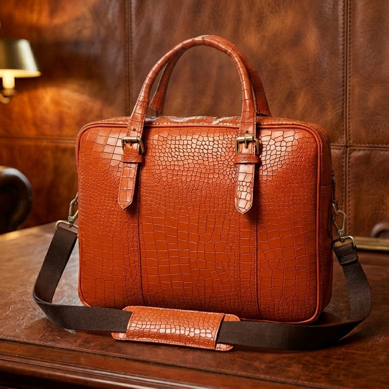 Premium Croc-Textured Black Leather Office Laptop Bag with Adjustable Shoulder Strap