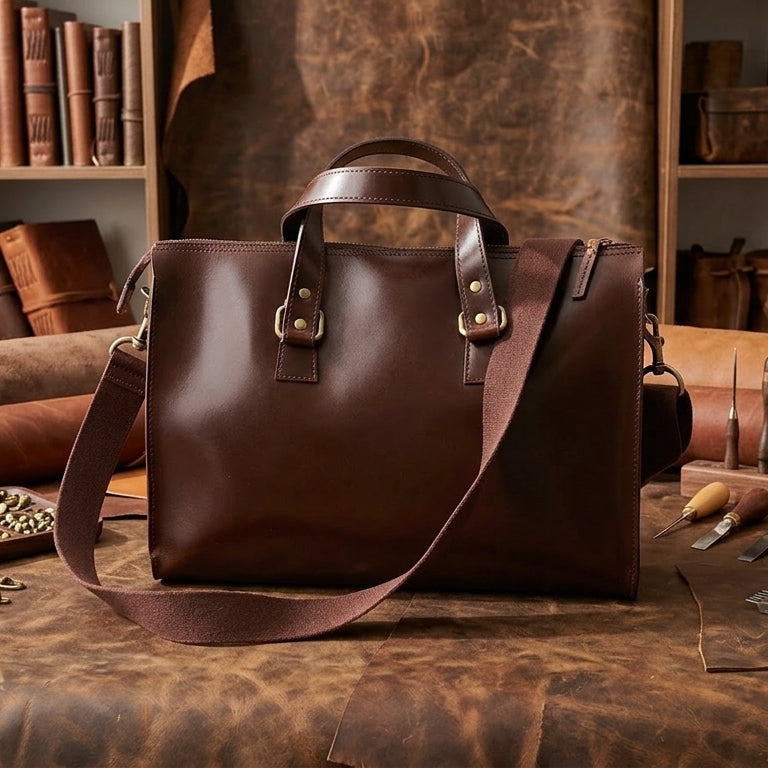 Structured Leather Laptop Bag with Top Handle & Detachable Shoulder Strap