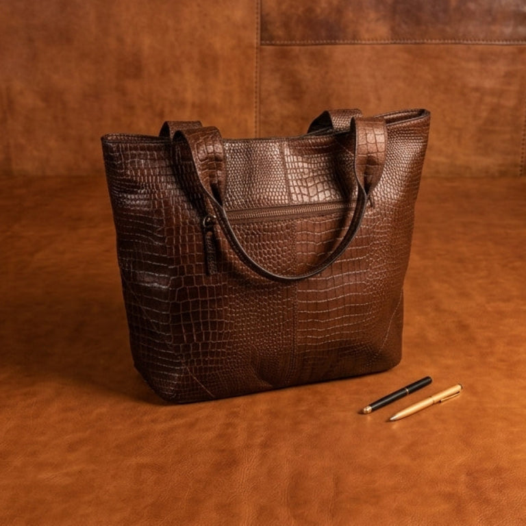 Croc-Texture Leather Tote Bag with Spacious Interior and Dual Shoulder Handles