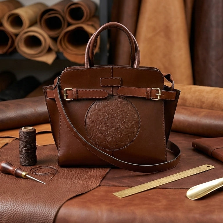 Premium Handcrafted Leather Satchel hand Bag with Embossed Front Panel