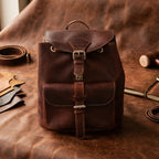 Vintage Brown Leather Drawstring Backpack with Front Buckle Pocket