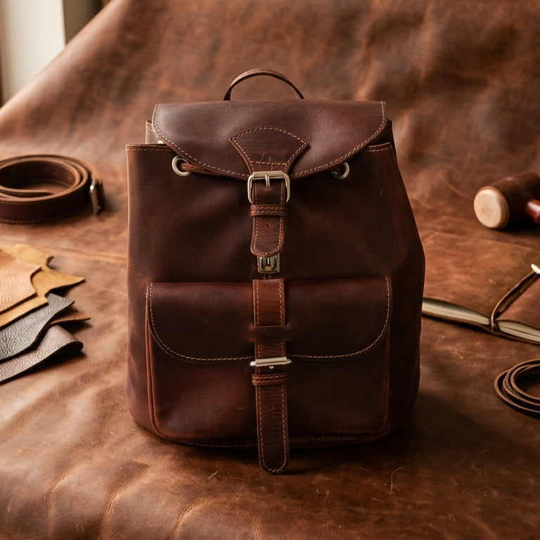 Vintage Brown Leather Drawstring Backpack with Front Buckle Pocket