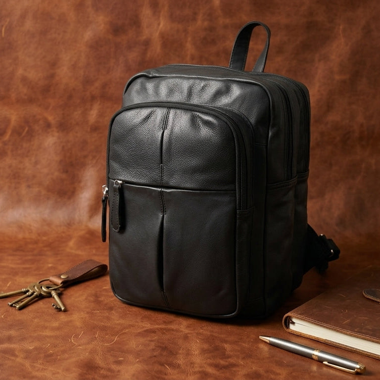 Premium Genuine Leather Multi-Zip Backpack with Padded Straps & Smart Organizer