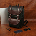 Premium Leather Laptop Backpack with Dual Buckle Design, Multiple Zip Pockets