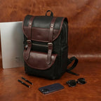 Premium Leather Laptop Backpack with Dual Buckle Design, Multiple Zip Pockets