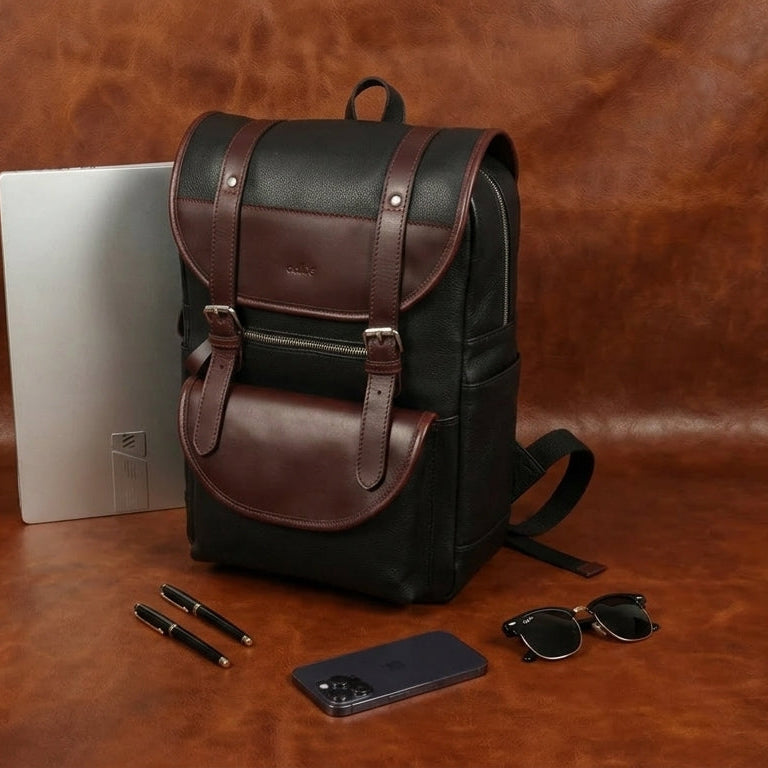 Premium Leather Laptop Backpack with Dual Buckle Design, Multiple Zip Pockets