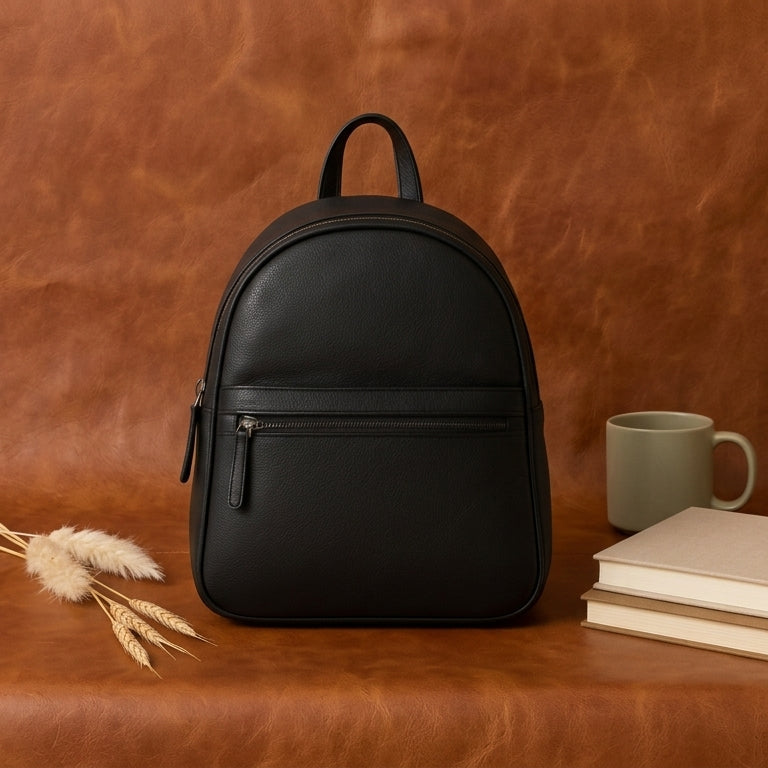 Premium Leather Backpack with Front Zip Pocket & Adjustable Shoulder Straps