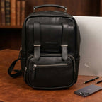 Premium Full-Grain Leather Backpack with Laptop Compartment & Multiple Zip Pockets