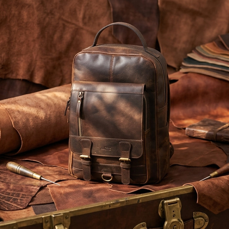 Premium Full-Grain Leather Backpack with Front Zip Pocket & Padded Shoulder Straps