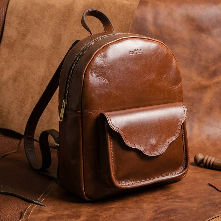 Genuine Leather Mini Backpack for Women with Front Pocket Classic Brown Daypack