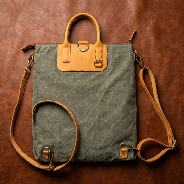 Premium Canvas & Leather Convertible Backpack Tote with Zip Closure & Adjustable Strap