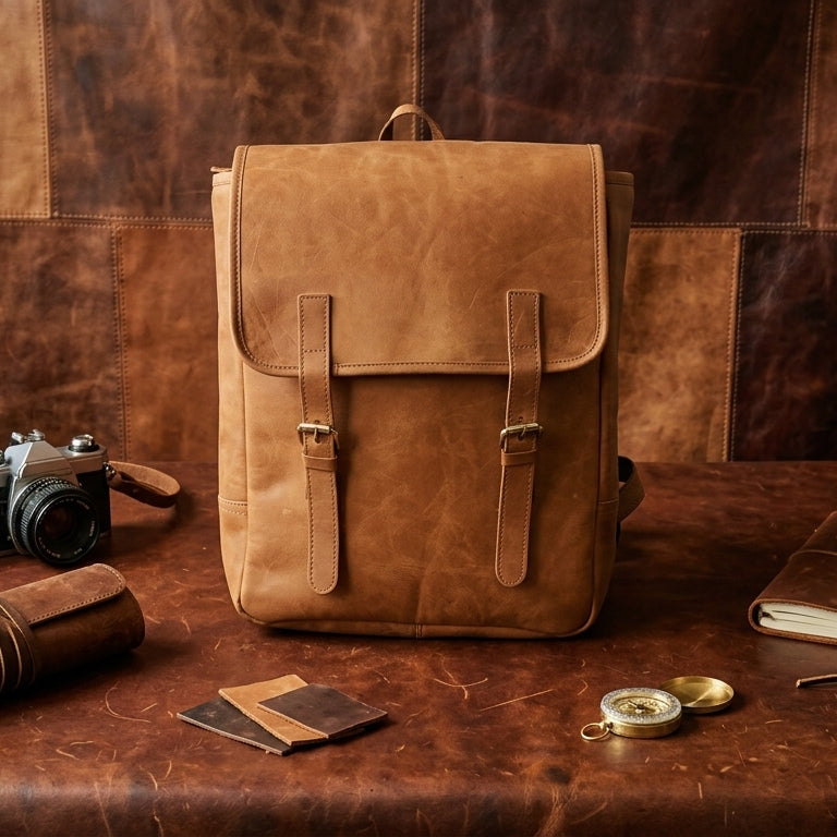 Genuine Leather Backpack Brown with Flap Closure, Adjustable Straps & Inside Zip Pocket