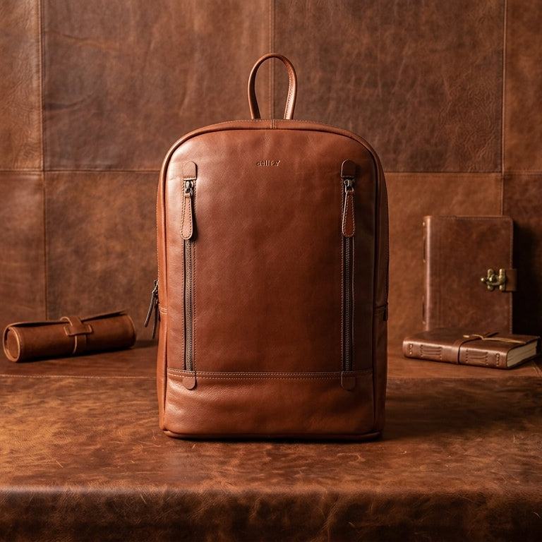 Full-Grain Leather Laptop Backpack with Dual Front Zippers & Padded Interior