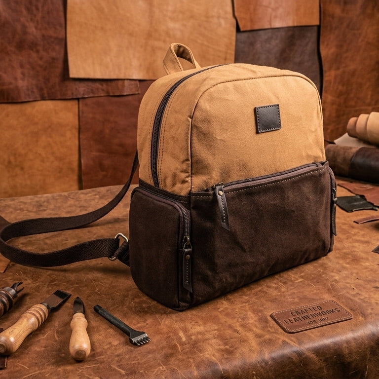 Premium Export Quality Canvas & Leather Mini Backpack with Multi Zip Pockets & Adjustable Straps