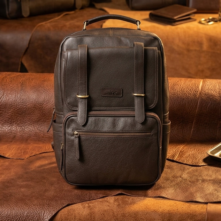 Premium Full-Grain Leather Laptop Backpack with Multi-Zip Compartments & Top Handle