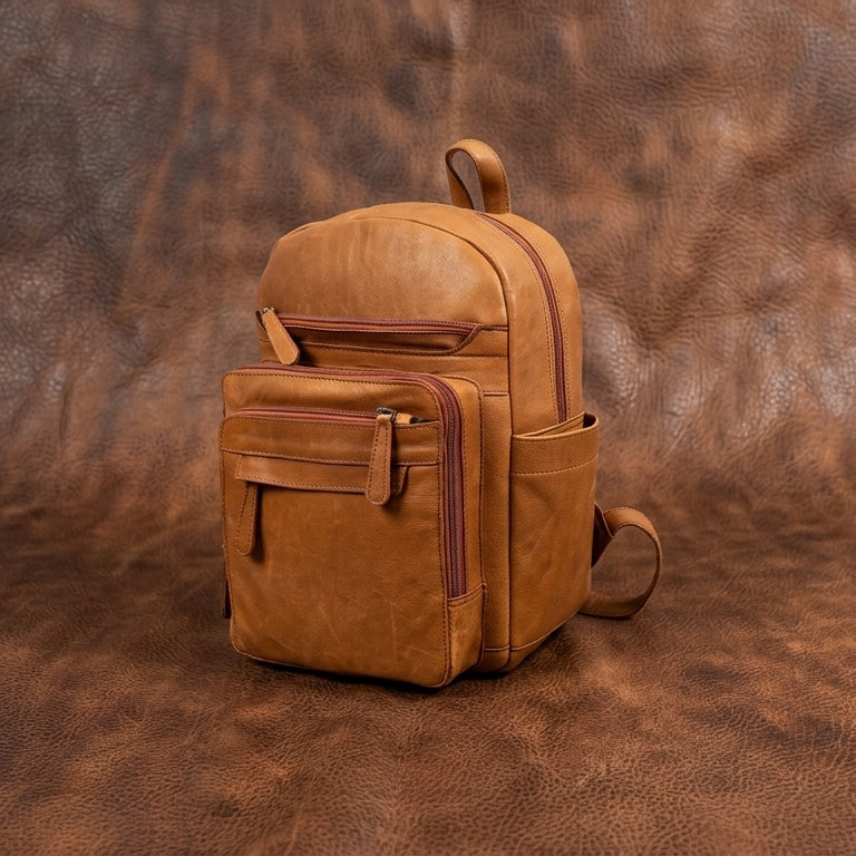 Premium Quality Tan Leather Backpack with Multi Zip Pockets & Adjustable Straps