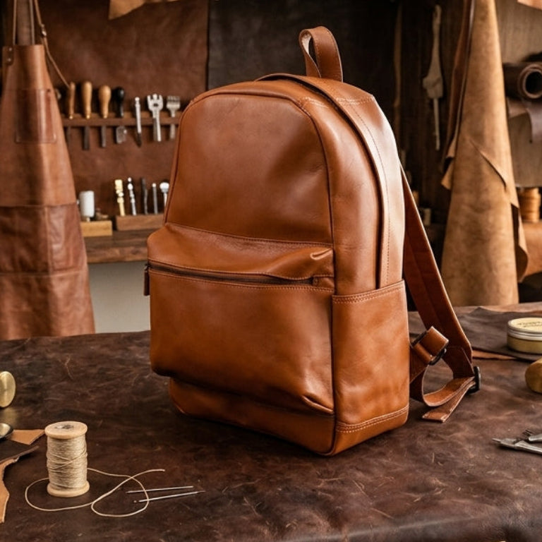 Premium Leather Everyday Backpack with Front Zip Pocket & Padded Adjustable Straps