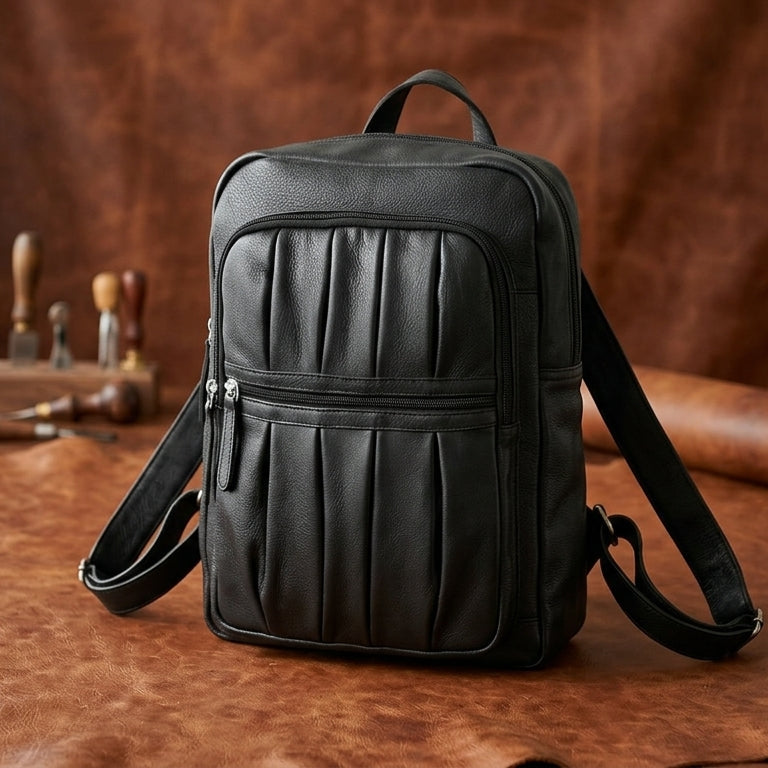 Premium Genuine Leather Multi-Zip Backpack with Padded Straps & Organizer Pockets