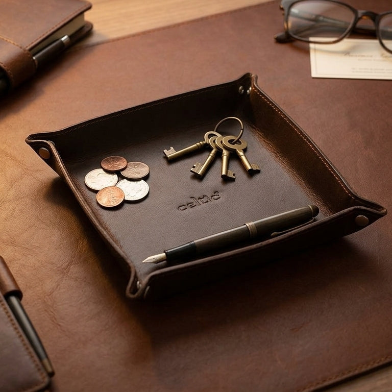 Dark Brown Color Pure Leather Tray For Office Use