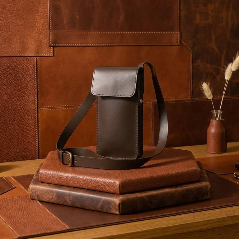 Genuine Leather Mobile Pouch with Fixed Sling Hands-Free, Stylish & Durable.