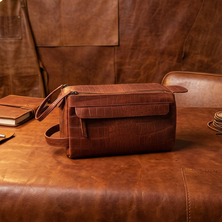 Croc-Embossed Leather Dopp Kit | Travel Toiletry Organizer with Top Zip & Front Pocket