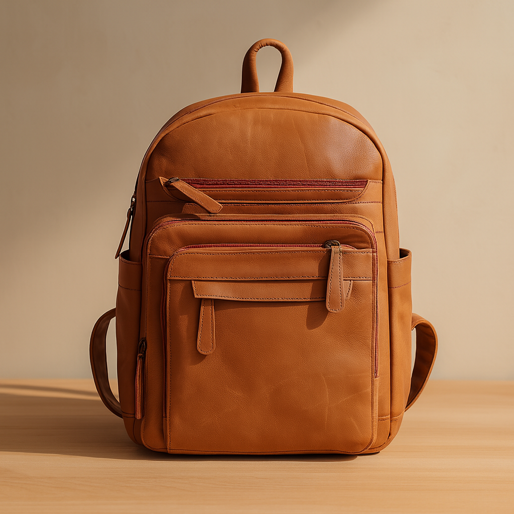 Premium Quality Tan Leather Backpack with Multi Zip Pockets & Adjustable Straps