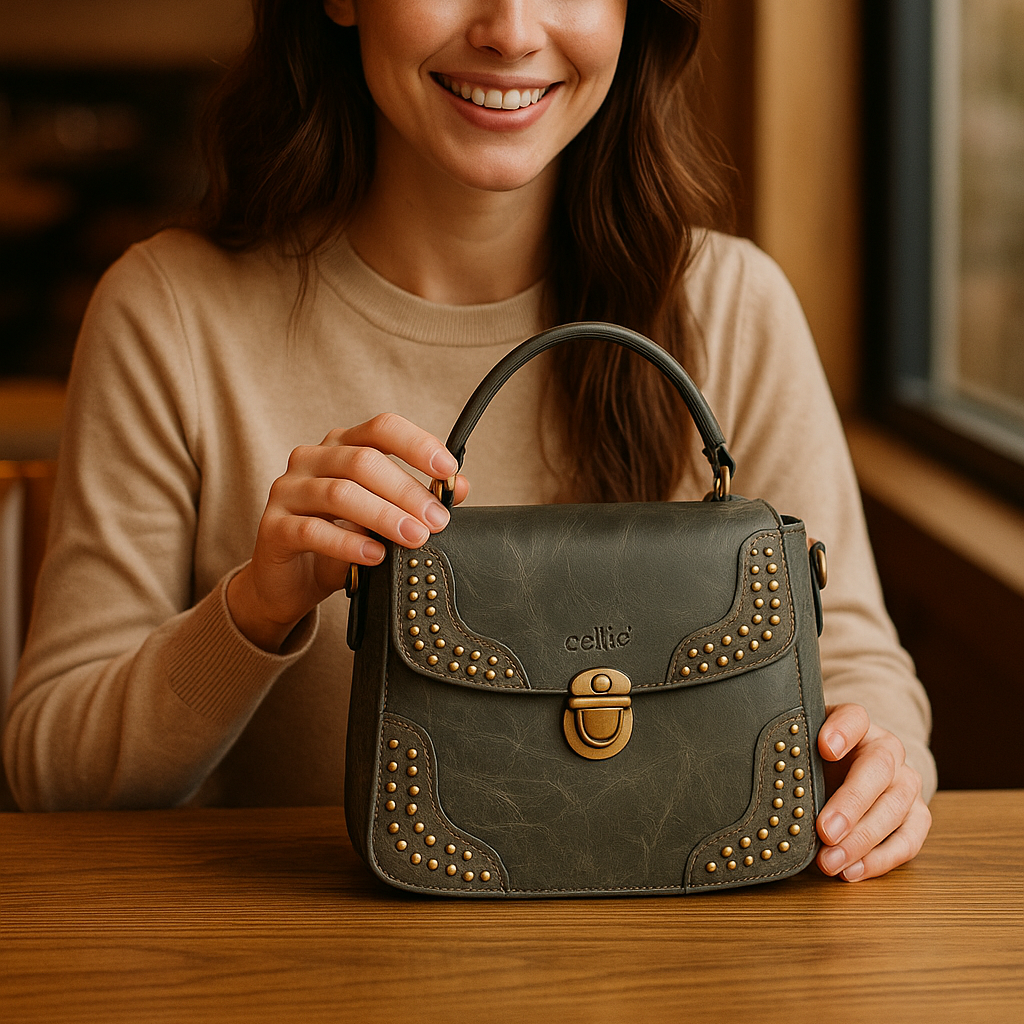 Premium Quality Designer Tan Leather Handbag with Adjustable Strap & Stud Detailing