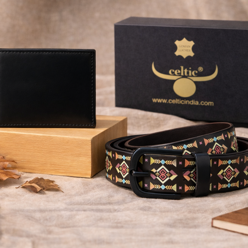 Black Printed Belt with Matte Buckle & Leather Wallet Gift Combo