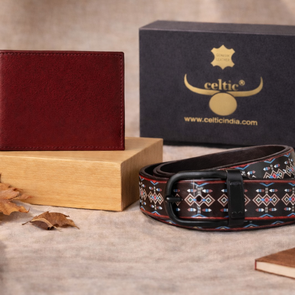Leather Wallet & Printed Belt Combo Premium Gift Set for Men