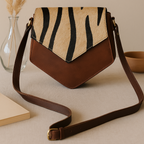Women's Leather Sling Bag with Zebra Pattern Flap Brown Crossbody Shoulder Bag
