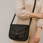 Vintage Floral Embossed Leather Sling Bag with Front Pocket Handcrafted Crossbody