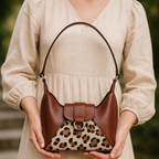 Brown Leather Shoulder Bag with Leopard-Print Hairon Panel – Elegant & Compact Handbag