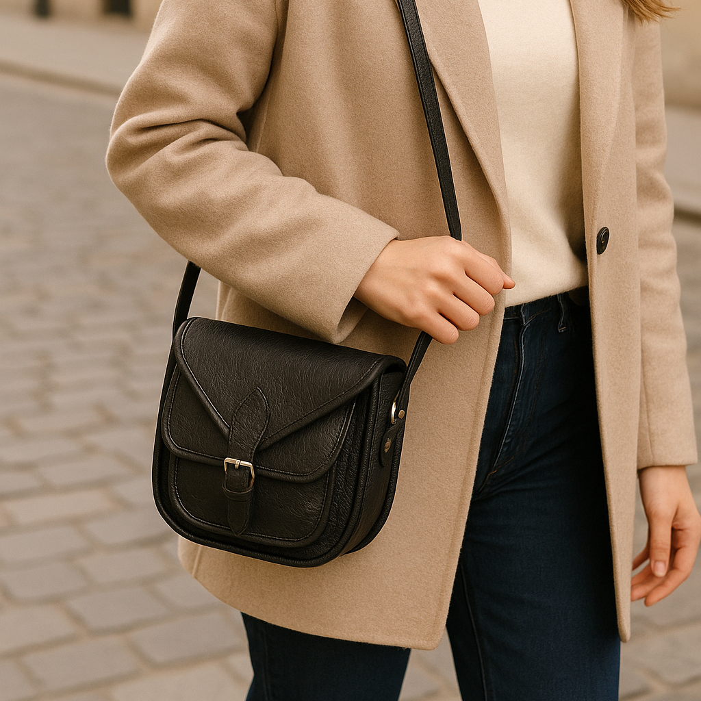 Black Wrinkle-Texture Leather Sling bag with Front Pocket & Adjustable Strap