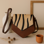 Women's Leather Sling Bag with Zebra Pattern Flap Brown Crossbody Shoulder Bag