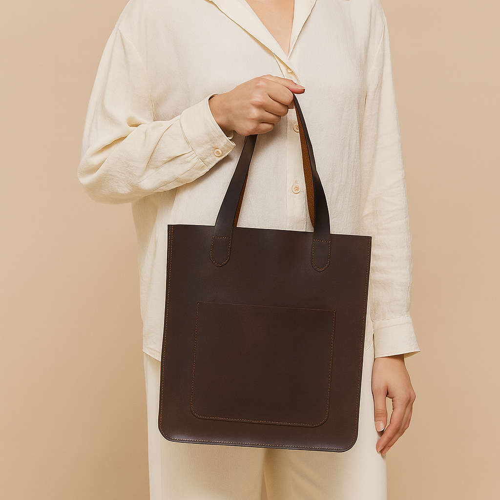 Handcrafted Brown Leather Tote Bag with Front Pocket Minimal & Durable Everyday Carry