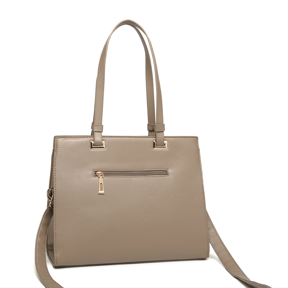 Taupe Quilted Chain Accent Structured Tote Bag
