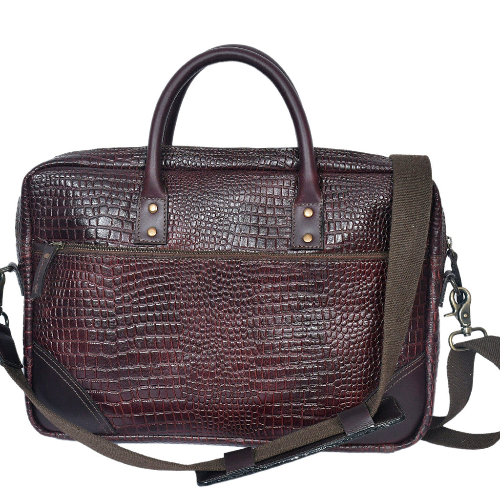 Premium Genuine Leather Messenger Bag in Croco Texture with Zip Closure