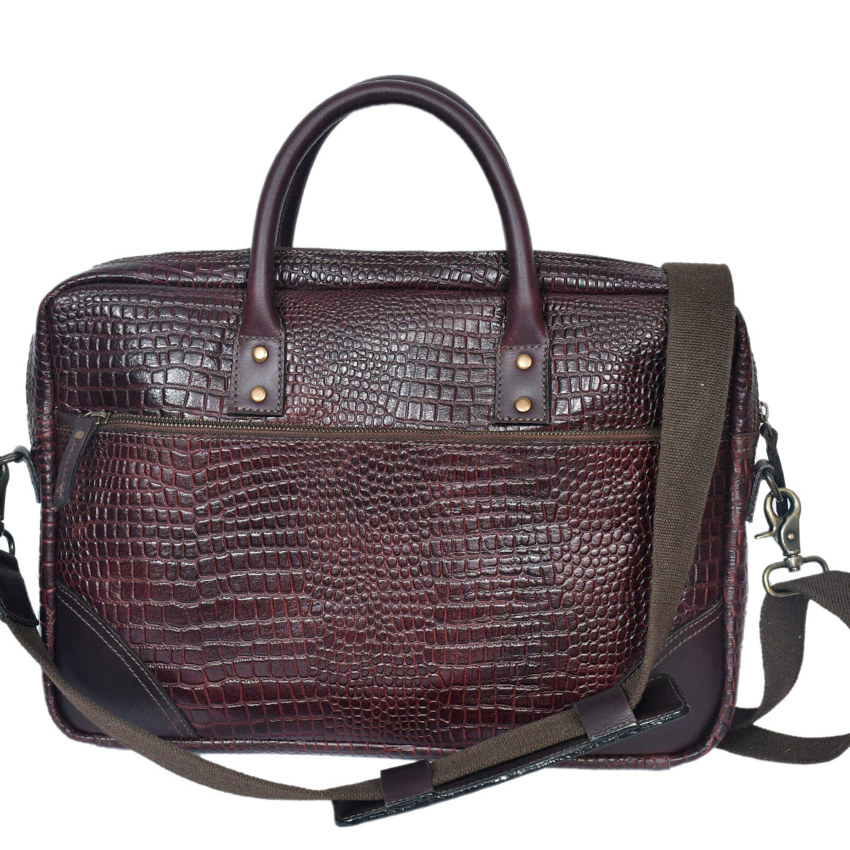 Premium Genuine Leather Messenger Bag in Croco Texture with Zip Closure