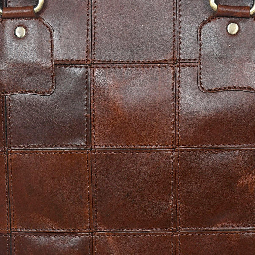 Genuine Leather Brown Tote Bag with Patchwork Design and Top Zip Closure