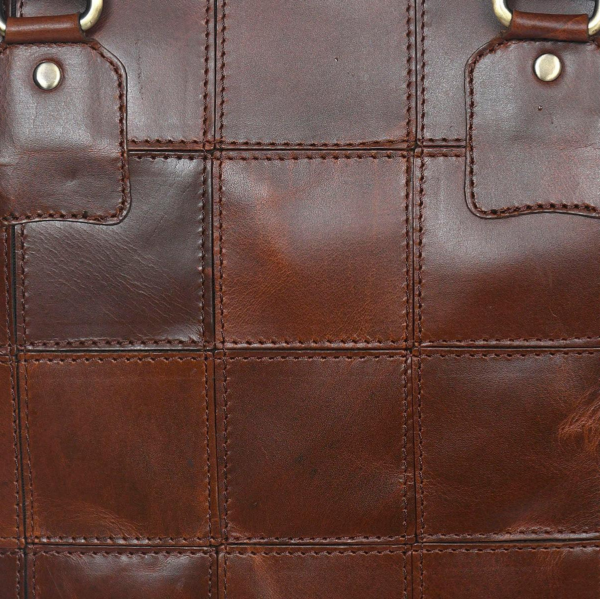 Genuine Leather Brown Tote Bag with Patchwork Design and Top Zip Closure