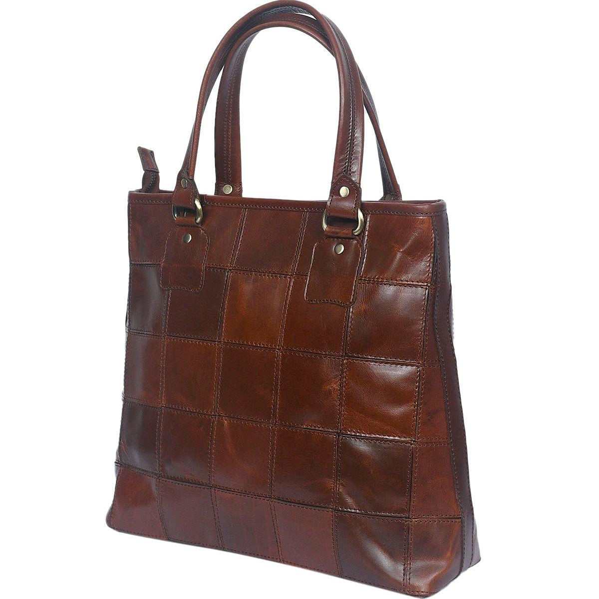 Genuine Leather Brown Tote Bag with Patchwork Design and Top Zip Closure