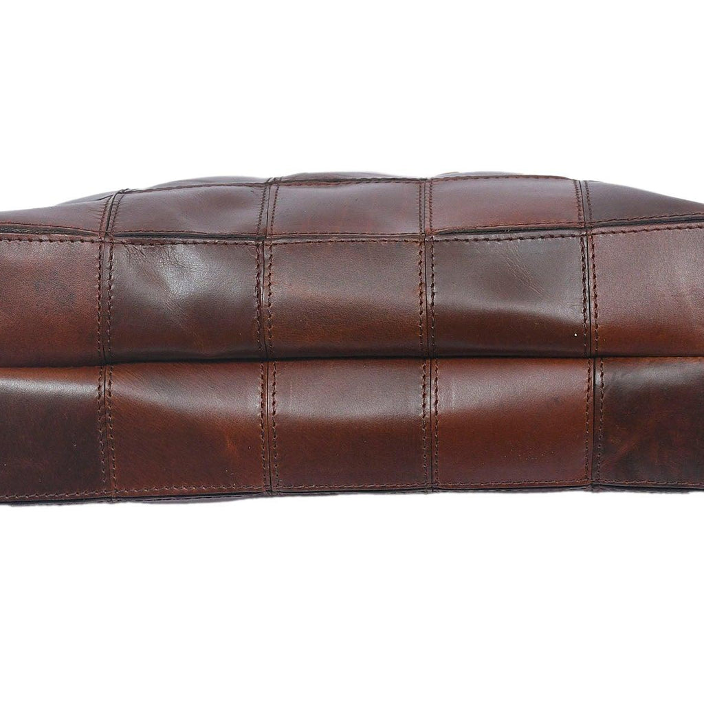 Genuine Leather Brown Tote Bag with Patchwork Design and Top Zip Closure