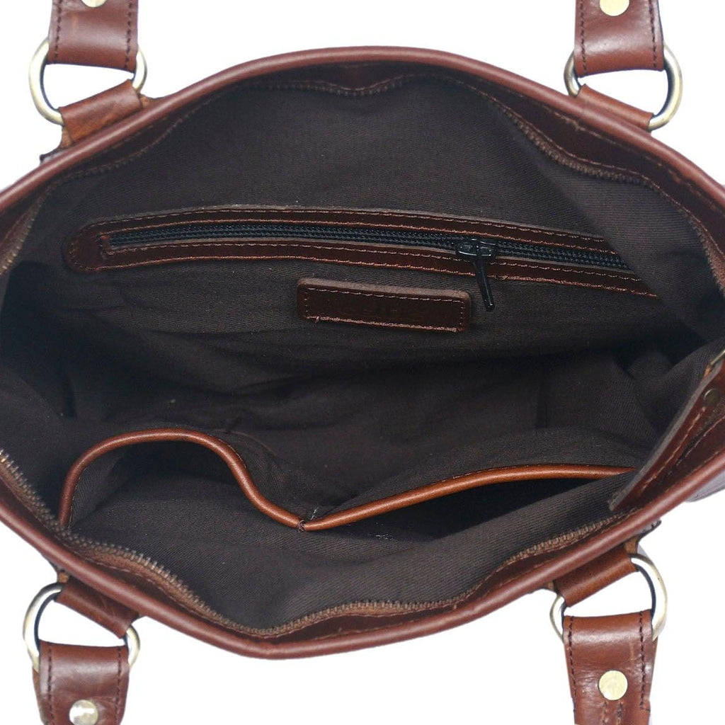 Genuine Leather Brown Tote Bag with Patchwork Design and Top Zip Closure